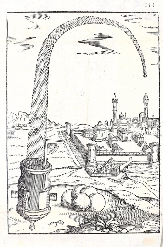 An illustration from Prattica manuale dell'artiglieria : doue si tratta dell'eccellenza, & origine dell'arte militare, e delle machine vsate da gli antichi : dell'inuentione della poluere, & artiglieria : del modo di condurla per acqua, e per terra, e piantarla in qual si voglia impresa : di fabricar le mine per mandar' in aria fortezze, e montagne : di fuochi artificiali : e di varij secreti, & importantissimi auuertimenti all'vso della guerra vtilissimi, e necessarij : e nel fine d'vn molto copioso, & importante essamine de'bombardieri ..., 1606, leaf 155