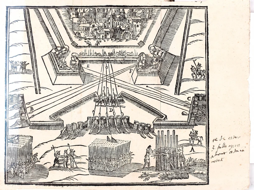 An illustration from Prattica manuale dell'artiglieria : doue si tratta dell'eccellenza, & origine dell'arte militare, e delle machine vsate da gli antichi : dell'inuentione della poluere, & artiglieria : del modo di condurla per acqua, e per terra, e piantarla in qual si voglia impresa : di fabricar le mine per mandar' in aria fortezze, e montagne : di fuochi artificiali : e di varij secreti, & importantissimi auuertimenti all'vso della guerra vtilissimi, e necessarij : e nel fine d'vn molto copioso, & importante essamine de'bombardieri ..., 1606, leaf 209