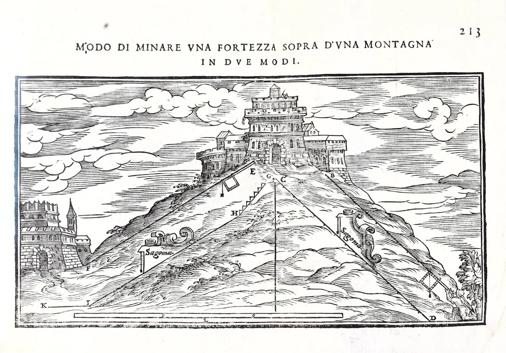 An illustration from Prattica manuale dell'artiglieria : doue si tratta dell'eccellenza, & origine dell'arte militare, e delle machine vsate da gli antichi : dell'inuentione della poluere, & artiglieria : del modo di condurla per acqua, e per terra, e piantarla in qual si voglia impresa : di fabricar le mine per mandar' in aria fortezze, e montagne : di fuochi artificiali : e di varij secreti, & importantissimi auuertimenti all'vso della guerra vtilissimi, e necessarij : e nel fine d'vn molto copioso, & importante essamine de'bombardieri ..., 1606, leaf 267