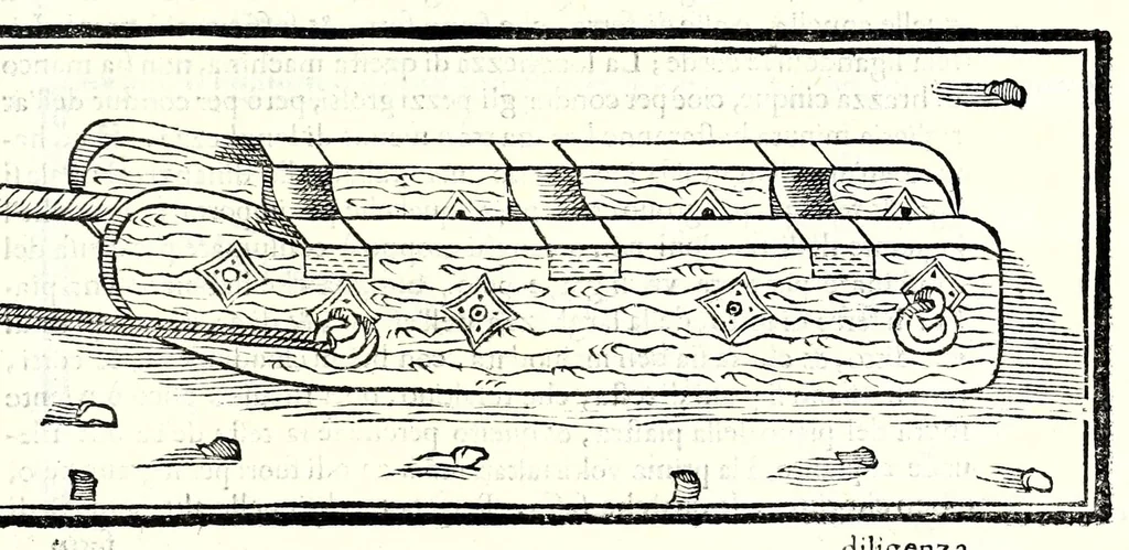 An illustration from Prattica manuale dell'artiglieria : doue si tratta dell'eccellenza, & origine dell'arte militare, e delle machine vsate da gli antichi : dell'inuentione della poluere, & artiglieria : del modo di condurla per acqua, e per terra, e piantarla in qual si voglia impresa : di fabricar le mine per mandar' in aria fortezze, e montagne : di fuochi artificiali : e di varij secreti, & importantissimi auuertimenti all'vso della guerra vtilissimi, e necessarij : e nel fine d'vn molto copioso, & importante essamine de'bombardieri ..., 1606, leaf 293