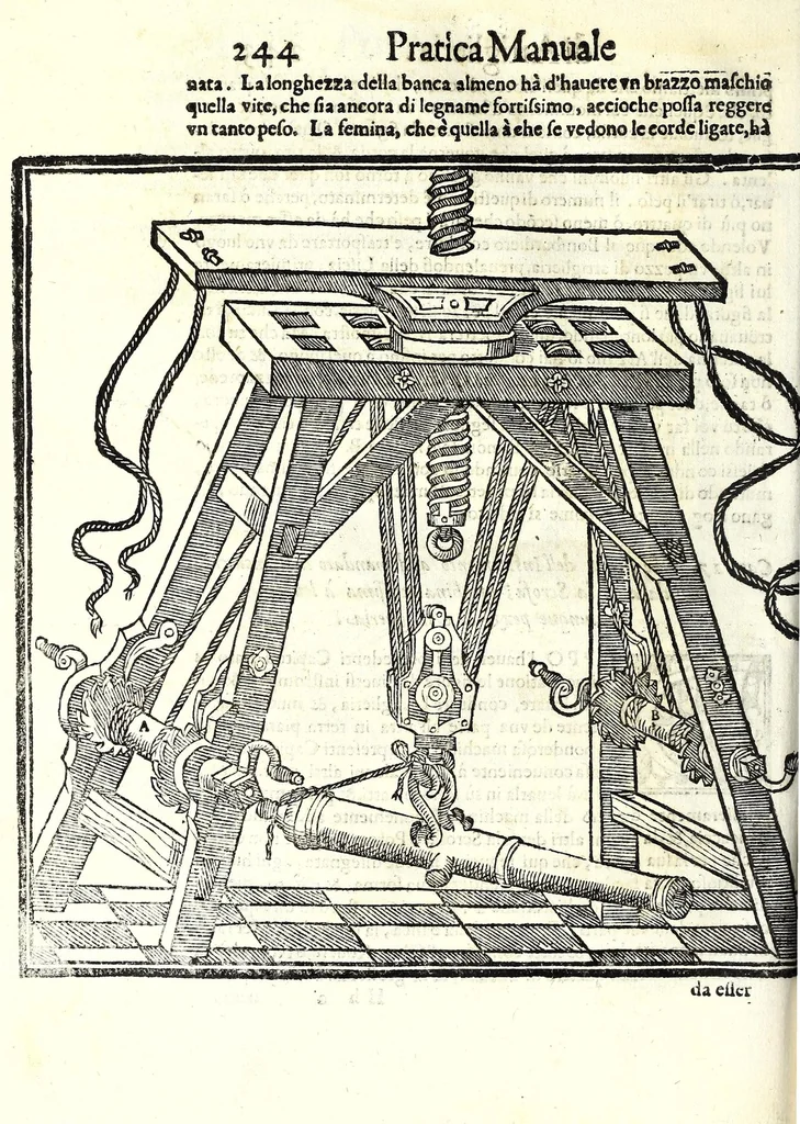 An illustration from Prattica manuale dell'artiglieria : doue si tratta dell'eccellenza, & origine dell'arte militare, e delle machine vsate da gli antichi : dell'inuentione della poluere, & artiglieria : del modo di condurla per acqua, e per terra, e piantarla in qual si voglia impresa : di fabricar le mine per mandar' in aria fortezze, e montagne : di fuochi artificiali : e di varij secreti, & importantissimi auuertimenti all'vso della guerra vtilissimi, e necessarij : e nel fine d'vn molto copioso, & importante essamine de'bombardieri ..., 1606, leaf 300