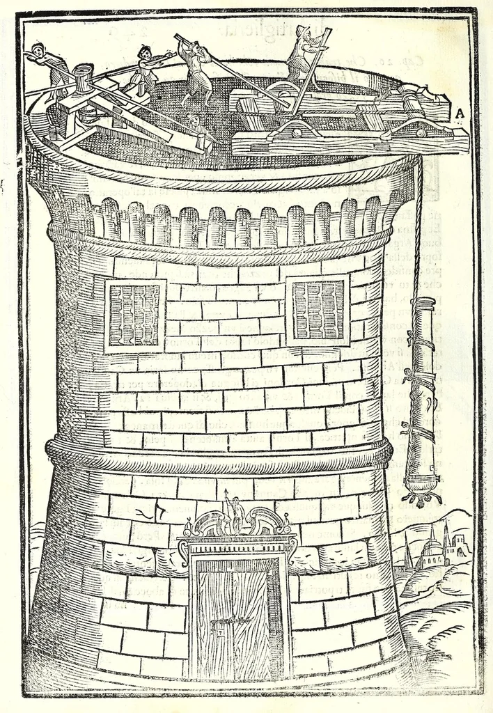 An illustration from Prattica manuale dell'artiglieria : doue si tratta dell'eccellenza, & origine dell'arte militare, e delle machine vsate da gli antichi : dell'inuentione della poluere, & artiglieria : del modo di condurla per acqua, e per terra, e piantarla in qual si voglia impresa : di fabricar le mine per mandar' in aria fortezze, e montagne : di fuochi artificiali : e di varij secreti, & importantissimi auuertimenti all'vso della guerra vtilissimi, e necessarij : e nel fine d'vn molto copioso, & importante essamine de'bombardieri ..., 1606, leaf 306