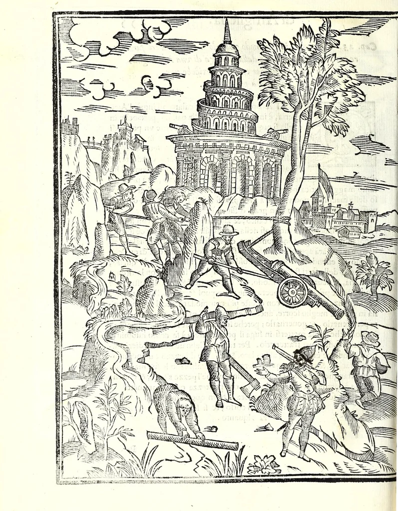 An illustration from Prattica manuale dell'artiglieria : doue si tratta dell'eccellenza, & origine dell'arte militare, e delle machine vsate da gli antichi : dell'inuentione della poluere, & artiglieria : del modo di condurla per acqua, e per terra, e piantarla in qual si voglia impresa : di fabricar le mine per mandar' in aria fortezze, e montagne : di fuochi artificiali : e di varij secreti, & importantissimi auuertimenti all'vso della guerra vtilissimi, e necessarij : e nel fine d'vn molto copioso, & importante essamine de'bombardieri ..., 1606, leaf 312