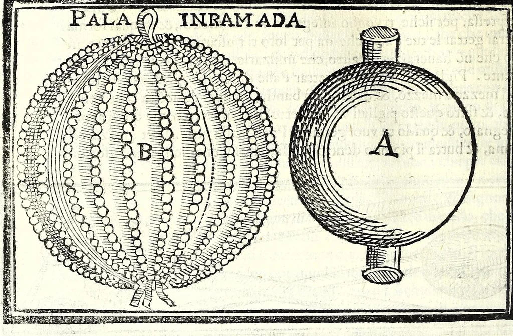 An illustration from Prattica manuale dell'artiglieria : doue si tratta dell'eccellenza, & origine dell'arte militare, e delle machine vsate da gli antichi : dell'inuentione della poluere, & artiglieria : del modo di condurla per acqua, e per terra, e piantarla in qual si voglia impresa : di fabricar le mine per mandar' in aria fortezze, e montagne : di fuochi artificiali : e di varij secreti, & importantissimi auuertimenti all'vso della guerra vtilissimi, e necessarij : e nel fine d'vn molto copioso, & importante essamine de'bombardieri ..., 1606, leaf 346