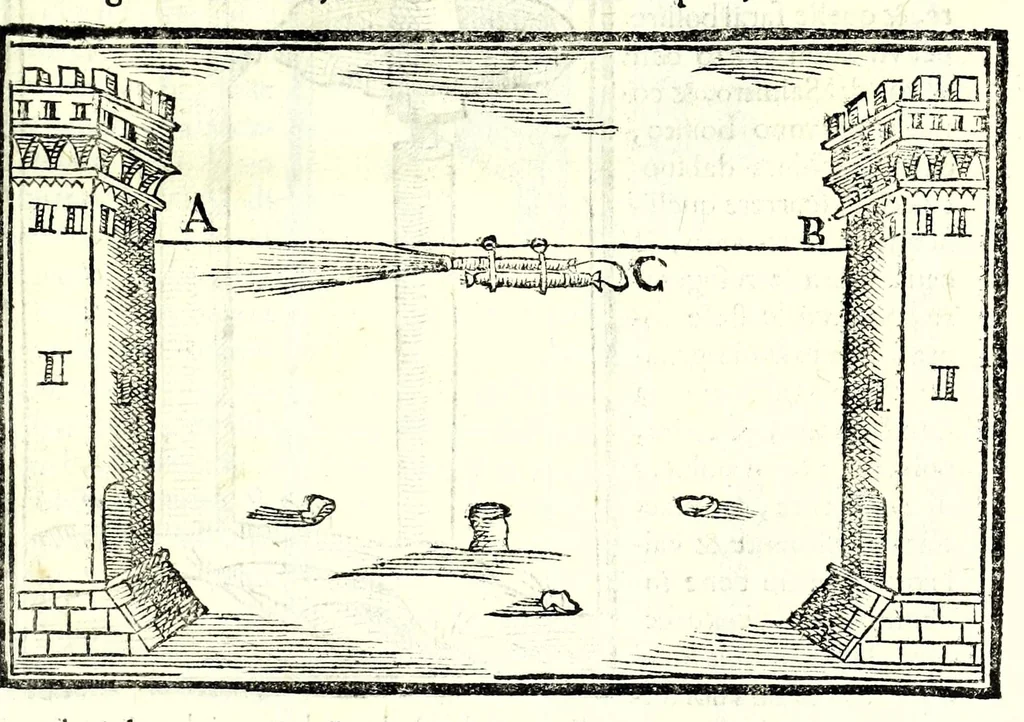 An illustration from Prattica manuale dell'artiglieria : doue si tratta dell'eccellenza, & origine dell'arte militare, e delle machine vsate da gli antichi : dell'inuentione della poluere, & artiglieria : del modo di condurla per acqua, e per terra, e piantarla in qual si voglia impresa : di fabricar le mine per mandar' in aria fortezze, e montagne : di fuochi artificiali : e di varij secreti, & importantissimi auuertimenti all'vso della guerra vtilissimi, e necessarij : e nel fine d'vn molto copioso, & importante essamine de'bombardieri ..., 1606, leaf 347