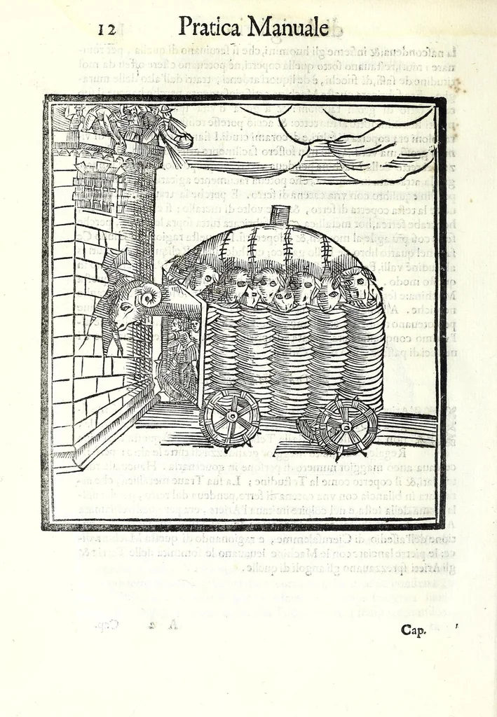 An illustration from Prattica manuale dell'artiglieria : doue si tratta dell'eccellenza, & origine dell'arte militare, e delle machine vsate da gli antichi : dell'inuentione della poluere, & artiglieria : del modo di condurla per acqua, e per terra, e piantarla in qual si voglia impresa : di fabricar le mine per mandar' in aria fortezze, e montagne : di fuochi artificiali : e di varij secreti, & importantissimi auuertimenti all'vso della guerra vtilissimi, e necessarij : e nel fine d'vn molto copioso, & importante essamine de'bombardieri ..., 1606, leaf 38