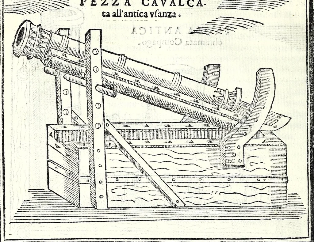 An illustration from Prattica manuale dell'artiglieria : doue si tratta dell'eccellenza, & origine dell'arte militare, e delle machine vsate da gli antichi : dell'inuentione della poluere, & artiglieria : del modo di condurla per acqua, e per terra, e piantarla in qual si voglia impresa : di fabricar le mine per mandar' in aria fortezze, e montagne : di fuochi artificiali : e di varij secreti, & importantissimi auuertimenti all'vso della guerra vtilissimi, e necessarij : e nel fine d'vn molto copioso, & importante essamine de'bombardieri ..., 1606, leaf 46