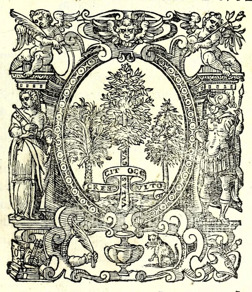 An illustration from Prattica manuale dell'artiglieria : doue si tratta dell'eccellenza, & origine dell'arte militare, e delle machine vsate da gli antichi : dell'inuentione della poluere, & artiglieria : del modo di condurla per acqua, e per terra, e piantarla in qual si voglia impresa : di fabricar le mine per mandar' in aria fortezze, e montagne : di fuochi artificiali : e di varij secreti, & importantissimi auuertimenti all'vso della guerra vtilissimi, e necessarij : e nel fine d'vn molto copioso, & importante essamine de'bombardieri ..., 1606, leaf 7