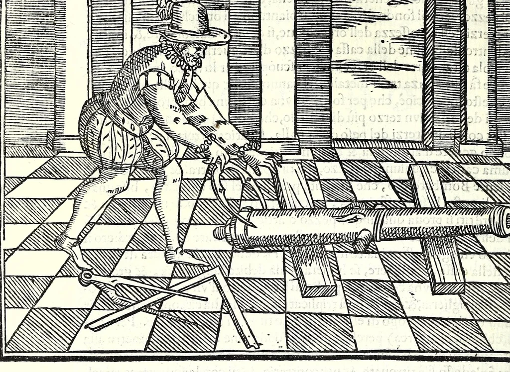 An illustration from Prattica manuale dell'artiglieria : doue si tratta dell'eccellenza, & origine dell'arte militare, e delle machine vsate da gli antichi : dell'inuentione della poluere, & artiglieria : del modo di condurla per acqua, e per terra, e piantarla in qual si voglia impresa : di fabricar le mine per mandar' in aria fortezze, e montagne : di fuochi artificiali : e di varij secreti, & importantissimi auuertimenti all'vso della guerra vtilissimi, e necessarij : e nel fine d'vn molto copioso, & importante essamine de'bombardieri ..., 1606, leaf 72