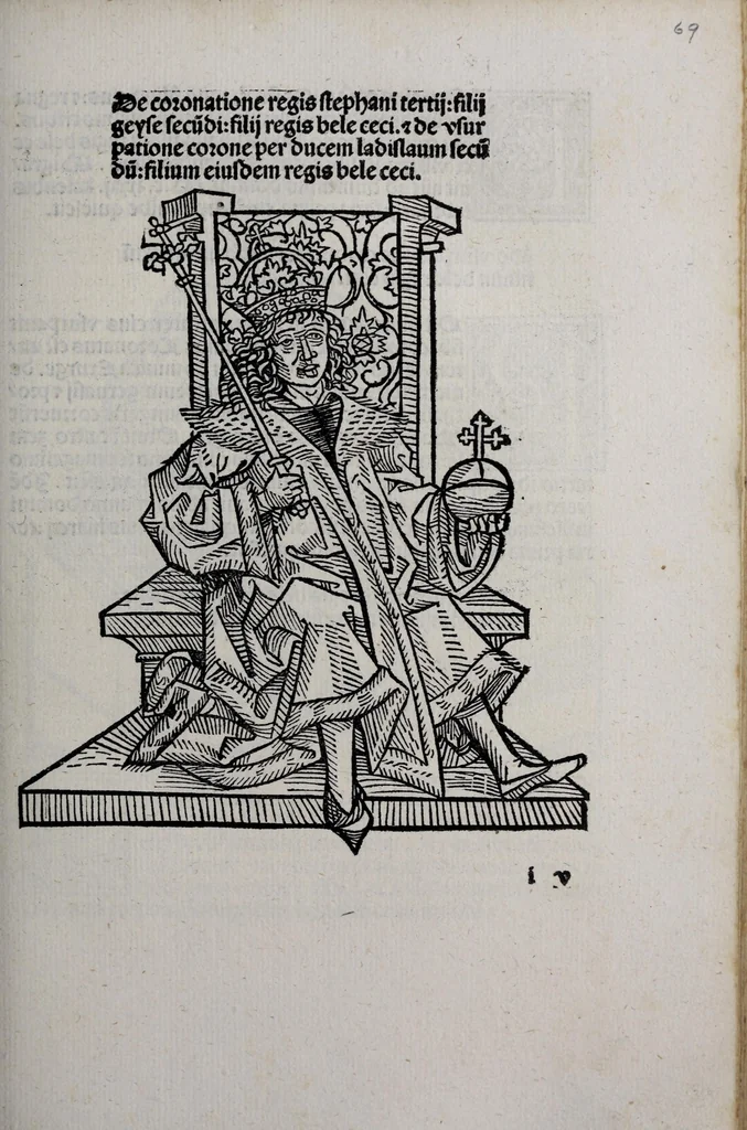 An illustration from Prefatio magistri iohannis de thwrocz : in primu[m] libru[m] Chronice hungaror[um] foeliciter incipit, leaf 143