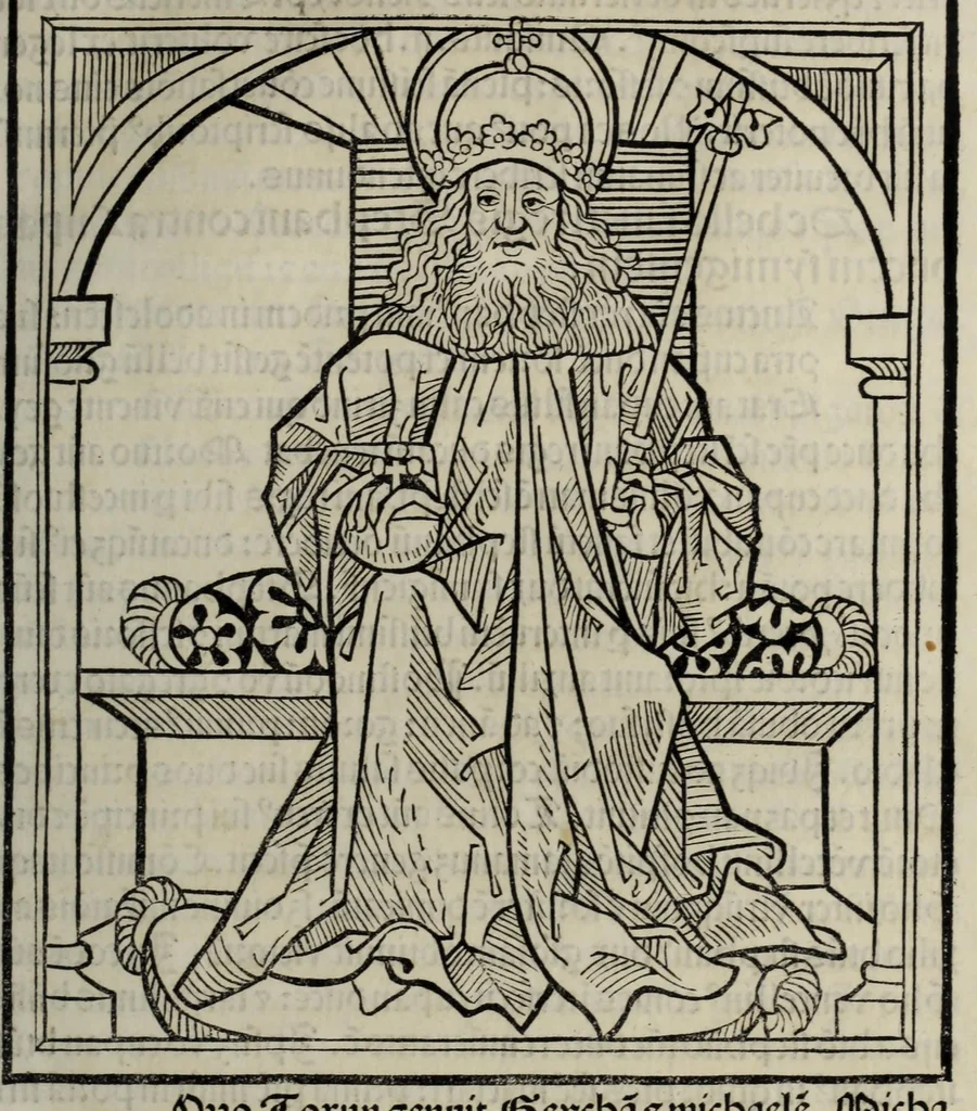 An illustration from Prefatio magistri Ioha[n]nis de thwrocz : in primu[m] libru[m] Chronice hungaror[um] foeliciter incipit, leaf 77