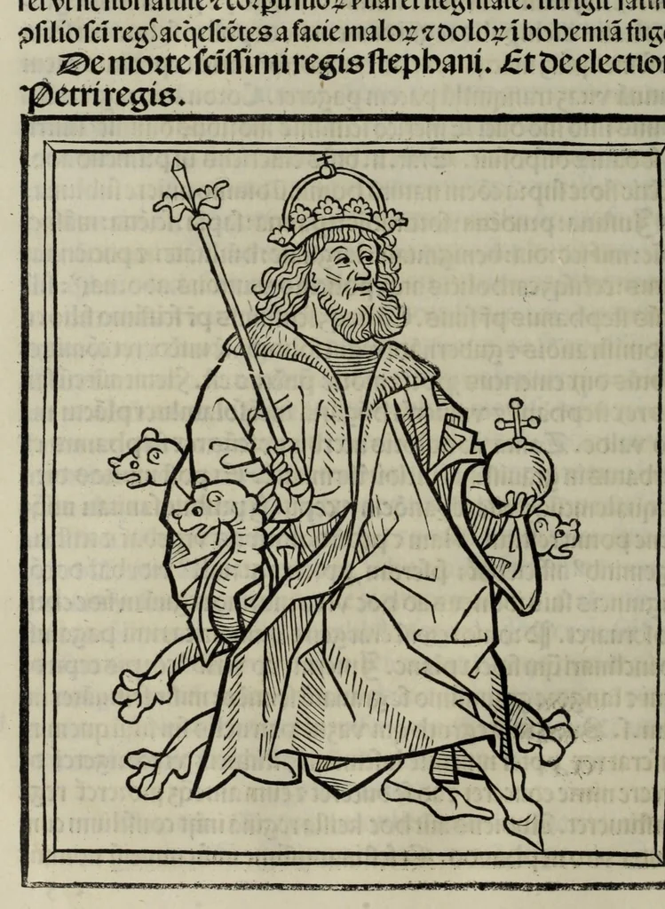 An illustration from Prefatio magistri Ioha[n]nis de thwrocz : in primu[m] libru[m] Chronice hungaror[um] foeliciter incipit, leaf 82