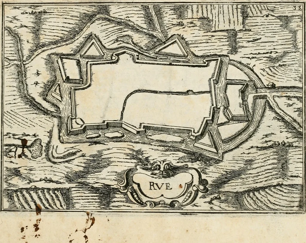 An illustration from Premiere[-seconde] partie, Les plans et profilz de toutes les principalles villes et lieux considerables de France : ensemble les cartes generalles de chascune prouince & les particulières de chasque gouuernement d'icelles, 1636, leaf 132