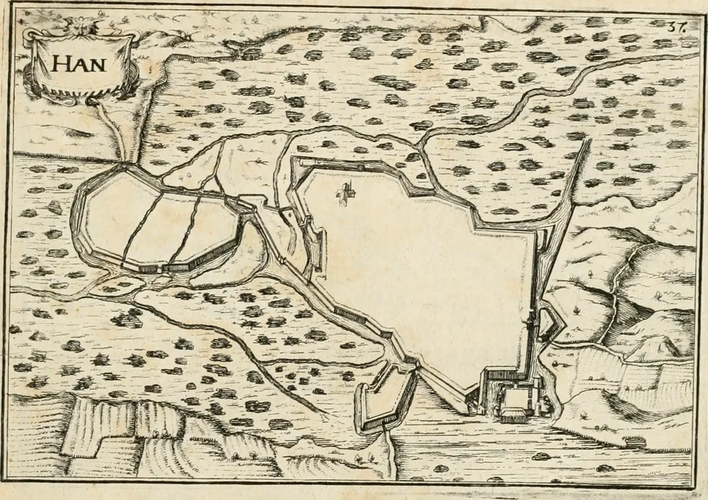 An illustration from Premiere[-seconde] partie, Les plans et profilz de toutes les principalles villes et lieux considerables de France : ensemble les cartes generalles de chascune prouince & les particulières de chasque gouuernement d'icelles, 1636, leaf 140