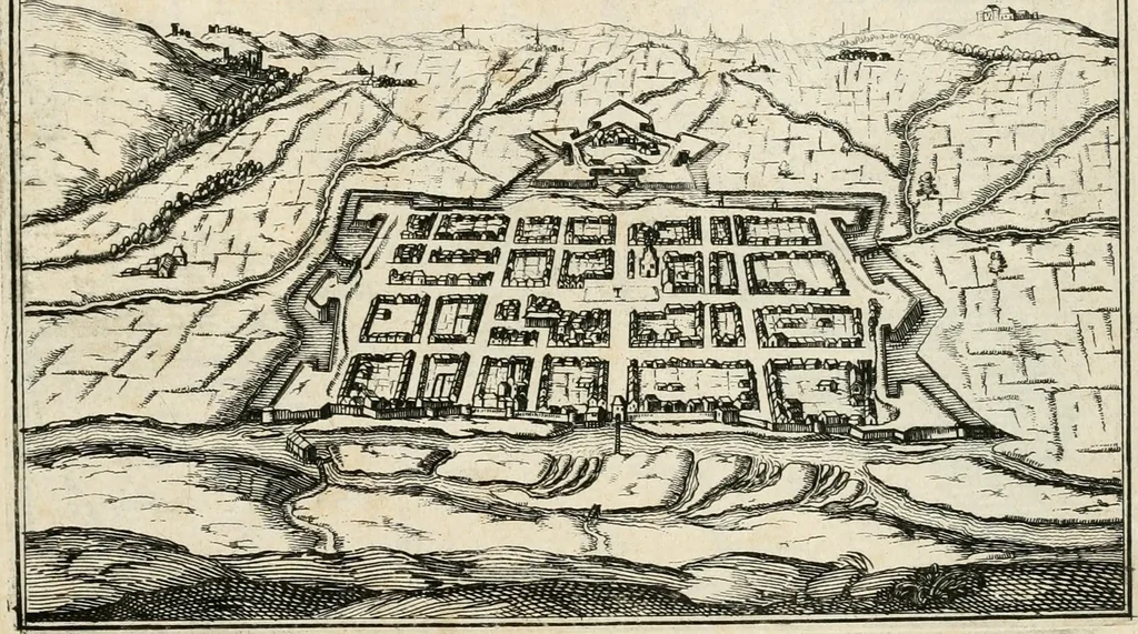 An illustration from Premiere[-seconde] partie, Les plans et profilz de toutes les principalles villes et lieux considerables de France : ensemble les cartes generalles de chascune prouince & les particulières de chasque gouuernement d'icelles, 1636, leaf 242