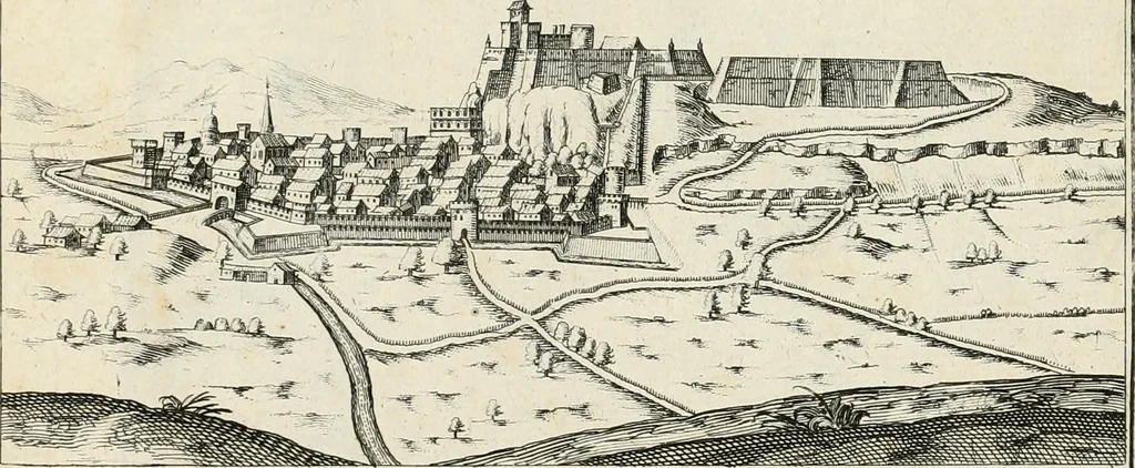 An illustration from Premiere[-seconde] partie, Les plans et profilz de toutes les principalles villes et lieux considerables de France : ensemble les cartes generalles de chascune prouince & les particulières de chasque gouuernement d'icelles, 1636, leaf 692