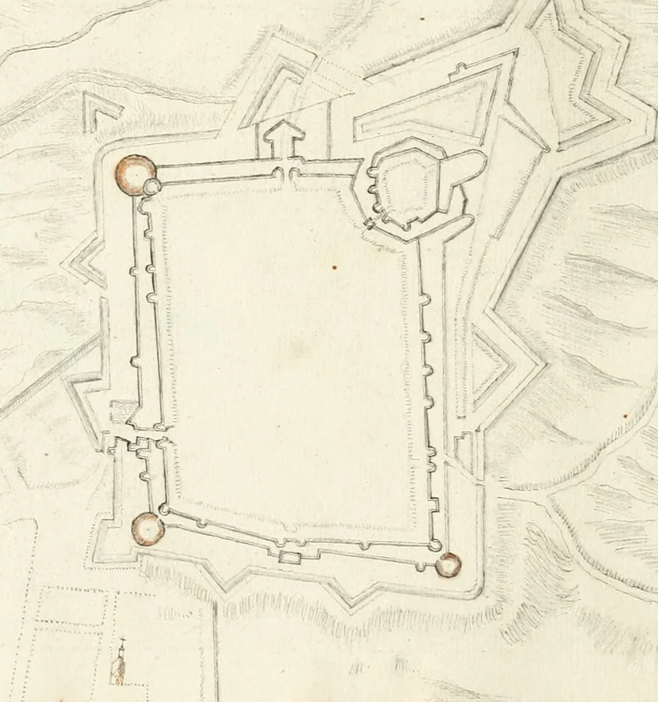 An illustration from Premiere[-seconde] partie, Les plans et profilz de toutes les principalles villes et lieux considerables de France : ensemble les cartes generalles de chascune prouince & les particulières de chasque gouuernement d'icelles, 1636, leaf 73