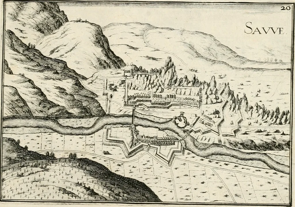 An illustration from Premiere[-seconde] partie, Les plans et profilz de toutes les principalles villes et lieux considerables de France : ensemble les cartes generalles de chascune prouince & les particulières de chasque gouuernement d'icelles, 1636, leaf 774