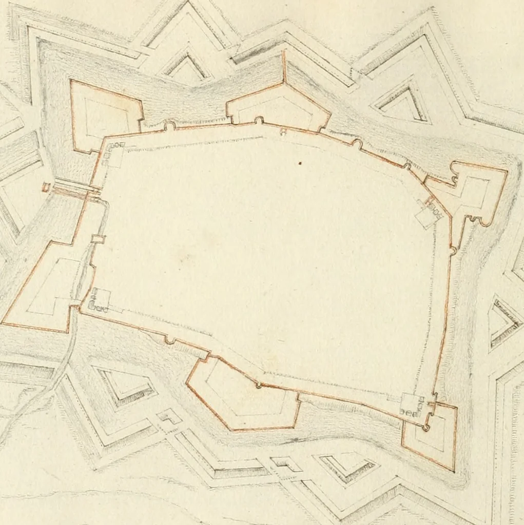 An illustration from Premiere[-seconde] partie, Les plans et profilz de toutes les principalles villes et lieux considerables de France : ensemble les cartes generalles de chascune prouince & les particulières de chasque gouuernement d'icelles, 1636, leaf 81