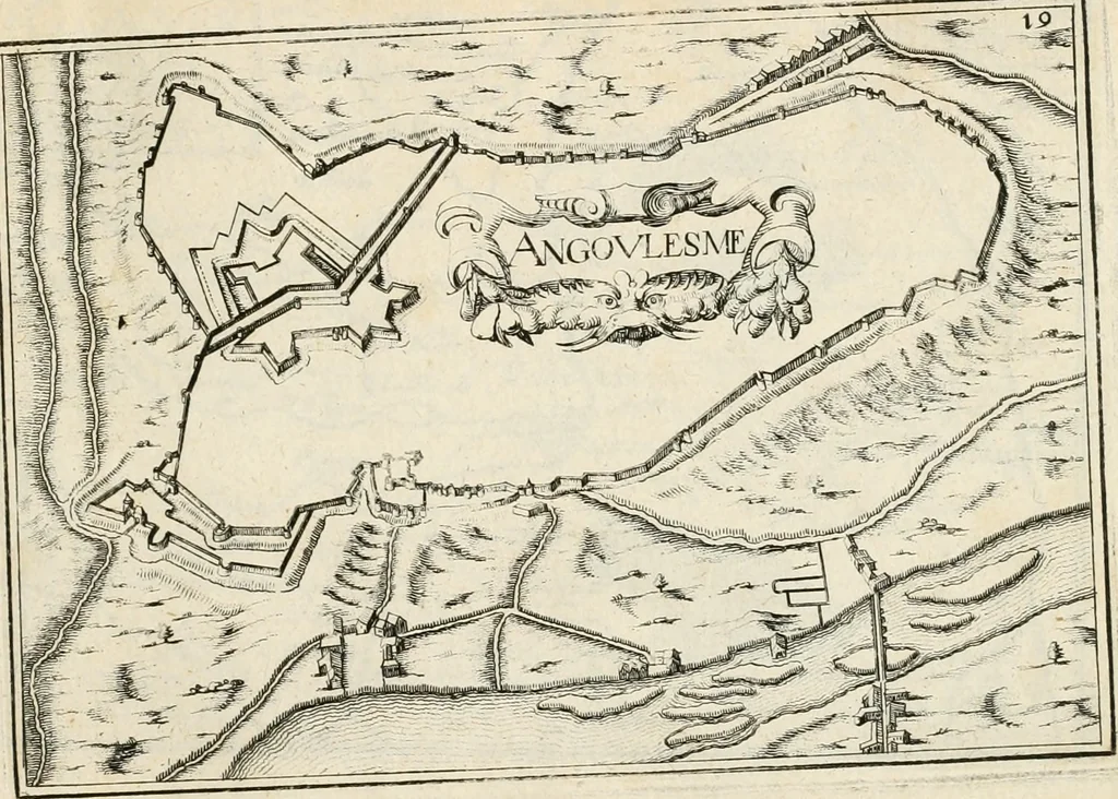 An illustration from Premiere[-seconde] partie, Les plans et profilz de toutes les principalles villes et lieux considerables de France : ensemble les cartes generalles de chascune prouince & les particulières de chasque gouuernement d'icelles, 1636, leaf 936