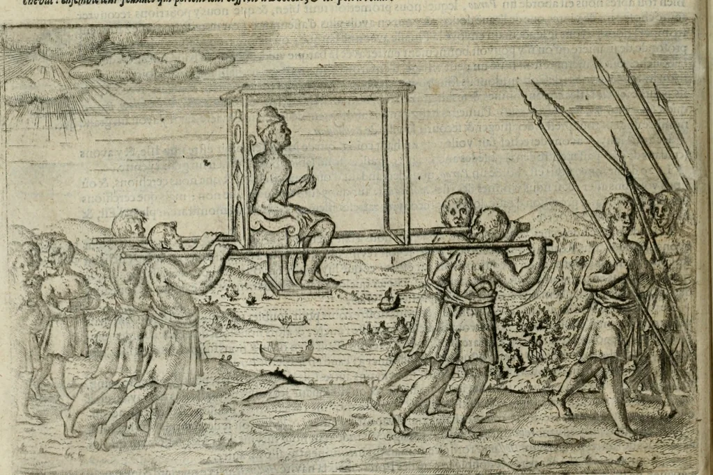 An illustration from Premier livre de l'histoire de la navigation aux Indes Orientales, par les hollandois, et des choses a eux advenues : ensemble les conditions, les meurs, & manieres de vivres des nations, par eux abordees : plus les monnoyes, espices, drogues, & marchandises, & le pris d'icelles : davantage les decouvremens & apparences, situations, & costes maritimes des contrees : avec le vray pourtrait au vif des habitans : le tout par plusieurs figures illustré : tres-recreatif a lire a tous navigans & amateurs des navigations lointaines, ez terres estrangeres, 1609, leaf 101