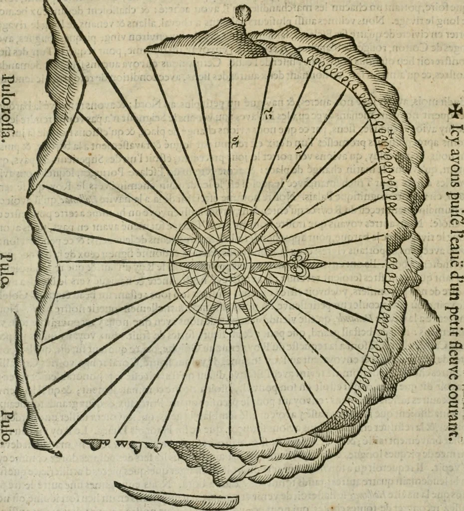 An illustration from Premier livre de l'histoire de la navigation aux Indes Orientales, par les hollandois, et des choses a eux advenues : ensemble les conditions, les meurs, & manieres de vivres des nations, par eux abordees : plus les monnoyes, espices, drogues, & marchandises, & le pris d'icelles : davantage les decouvremens & apparences, situations, & costes maritimes des contrees : avec le vray pourtrait au vif des habitans : le tout par plusieurs figures illustré : tres-recreatif a lire a tous navigans & amateurs des navigations lointaines, ez terres estrangeres, 1609, leaf 103