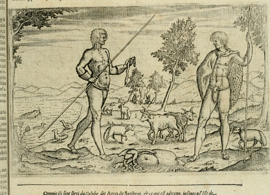 An illustration from Premier livre de l'histoire de la navigation aux Indes Orientales, par les hollandois, et des choses a eux advenues : ensemble les conditions, les meurs, & manieres de vivres des nations, par eux abordees : plus les monnoyes, espices, drogues, & marchandises, & le pris d'icelles : davantage les decouvremens & apparences, situations, & costes maritimes des contrees : avec le vray pourtrait au vif des habitans : le tout par plusieurs figures illustré : tres-recreatif a lire a tous navigans & amateurs des navigations lointaines, ez terres estrangeres, 1609, leaf 14