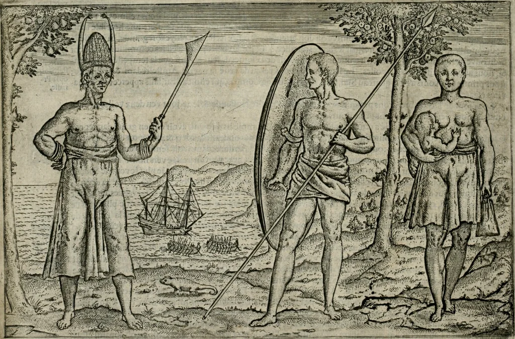 An illustration from Premier livre de l'histoire de la navigation aux Indes Orientales, par les hollandois, et des choses a eux advenues : ensemble les conditions, les meurs, & manieres de vivres des nations, par eux abordees : plus les monnoyes, espices, drogues, & marchandises, & le pris d'icelles : davantage les decouvremens & apparences, situations, & costes maritimes des contrees : avec le vray pourtrait au vif des habitans : le tout par plusieurs figures illustré : tres-recreatif a lire a tous navigans & amateurs des navigations lointaines, ez terres estrangeres, 1609, leaf 25