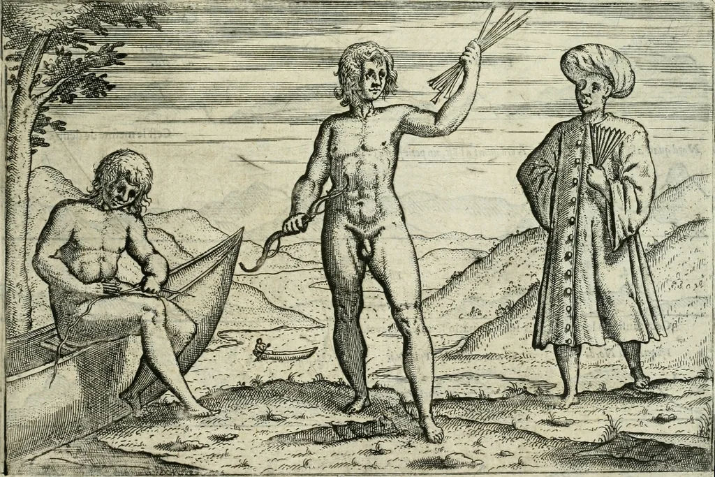 An illustration from Premier livre de l'histoire de la navigation aux Indes Orientales, par les hollandois, et des choses a eux advenues : ensemble les conditions, les meurs, & manieres de vivres des nations, par eux abordees : plus les monnoyes, espices, drogues, & marchandises, & le pris d'icelles : davantage les decouvremens & apparences, situations, & costes maritimes des contrees : avec le vray pourtrait au vif des habitans : le tout par plusieurs figures illustré : tres-recreatif a lire a tous navigans & amateurs des navigations lointaines, ez terres estrangeres, 1609, leaf 36
