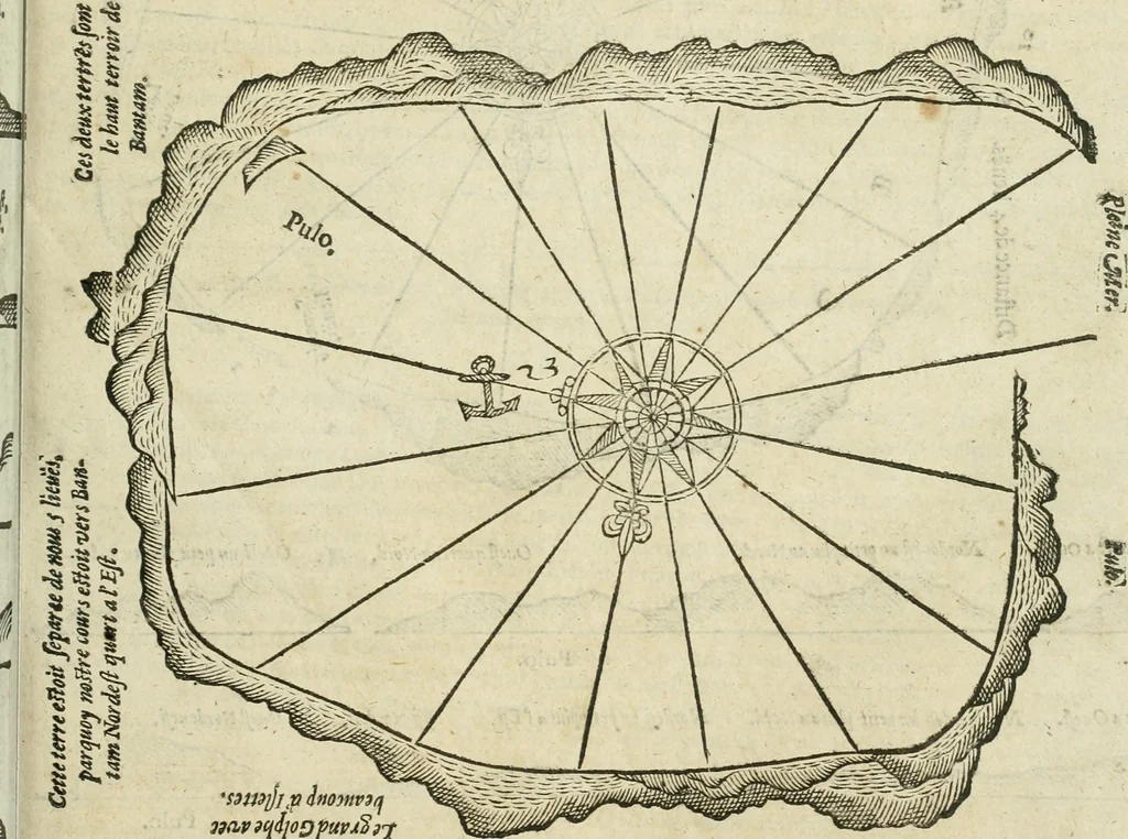 An illustration from Premier livre de l'histoire de la navigation aux Indes Orientales, par les hollandois, et des choses a eux advenues : ensemble les conditions, les meurs, & manieres de vivres des nations, par eux abordees : plus les monnoyes, espices, drogues, & marchandises, & le pris d'icelles : davantage les decouvremens & apparences, situations, & costes maritimes des contrees : avec le vray pourtrait au vif des habitans : le tout par plusieurs figures illustré : tres-recreatif a lire a tous navigans & amateurs des navigations lointaines, ez terres estrangeres, 1609, leaf 38