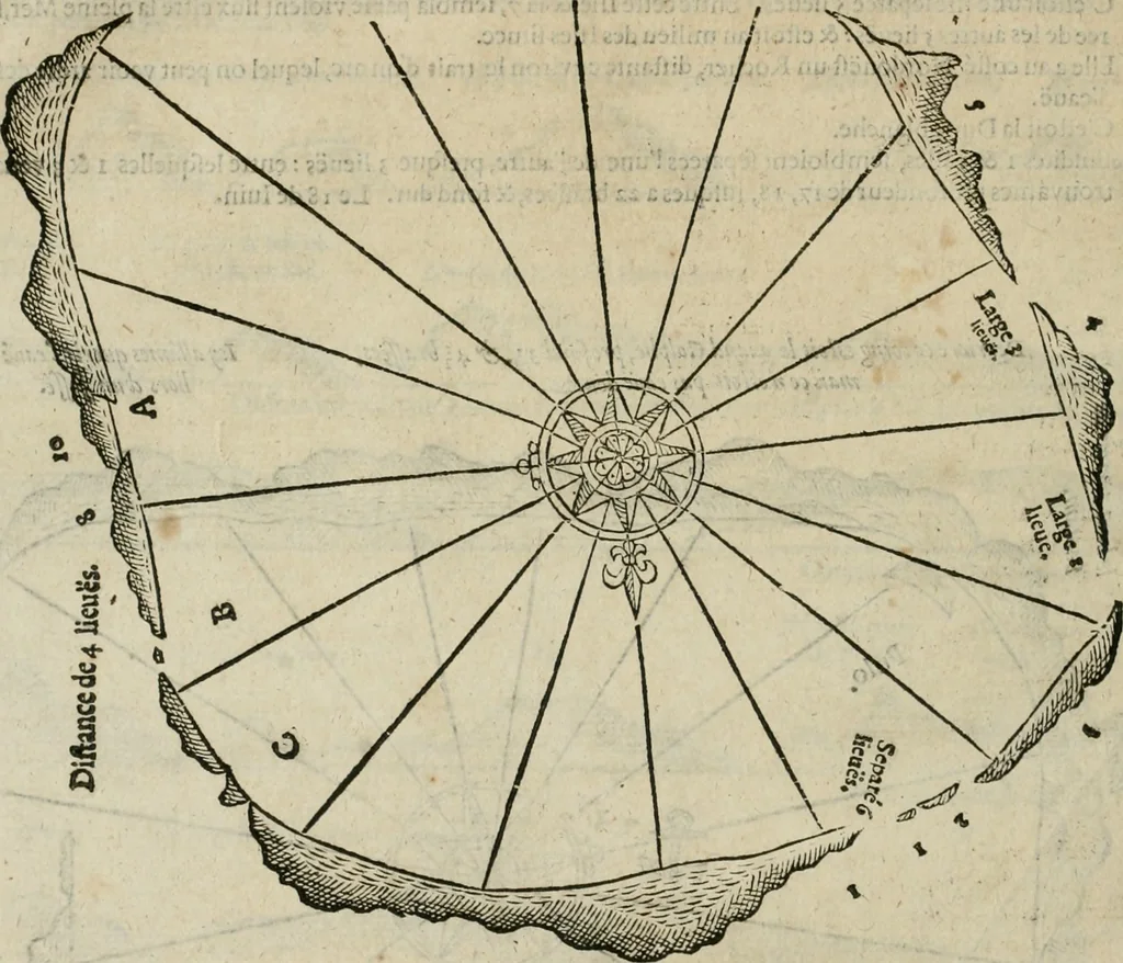 An illustration from Premier livre de l'histoire de la navigation aux Indes Orientales, par les hollandois, et des choses a eux advenues : ensemble les conditions, les meurs, & manieres de vivres des nations, par eux abordees : plus les monnoyes, espices, drogues, & marchandises, & le pris d'icelles : davantage les decouvremens & apparences, situations, & costes maritimes des contrees : avec le vray pourtrait au vif des habitans : le tout par plusieurs figures illustré : tres-recreatif a lire a tous navigans & amateurs des navigations lointaines, ez terres estrangeres, 1609, leaf 39