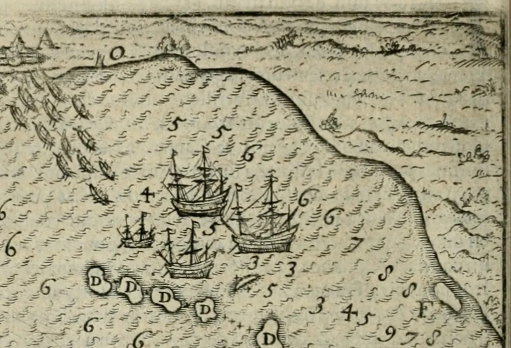 An illustration from Premier livre de l'histoire de la navigation aux Indes Orientales, par les hollandois, et des choses a eux advenues : ensemble les conditions, les meurs, & manieres de vivres des nations, par eux abordees : plus les monnoyes, espices, drogues, & marchandises, & le pris d'icelles : davantage les decouvremens & apparences, situations, & costes maritimes des contrees : avec le vray pourtrait au vif des habitans : le tout par plusieurs figures illustré : tres-recreatif a lire a tous navigans & amateurs des navigations lointaines, ez terres estrangeres, 1609, leaf 47