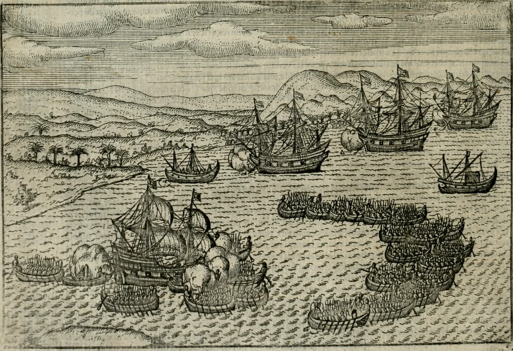 An illustration from Premier livre de l'histoire de la navigation aux Indes Orientales, par les hollandois, et des choses a eux advenues : ensemble les conditions, les meurs, & manieres de vivres des nations, par eux abordees : plus les monnoyes, espices, drogues, & marchandises, & le pris d'icelles : davantage les decouvremens & apparences, situations, & costes maritimes des contrees : avec le vray pourtrait au vif des habitans : le tout par plusieurs figures illustré : tres-recreatif a lire a tous navigans & amateurs des navigations lointaines, ez terres estrangeres, 1609, leaf 51