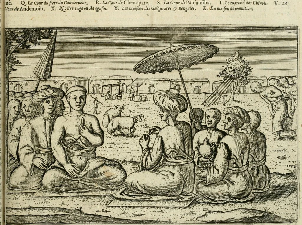 An illustration from Premier livre de l'histoire de la navigation aux Indes Orientales, par les hollandois, et des choses a eux advenues : ensemble les conditions, les meurs, & manieres de vivres des nations, par eux abordees : plus les monnoyes, espices, drogues, & marchandises, & le pris d'icelles : davantage les decouvremens & apparences, situations, & costes maritimes des contrees : avec le vray pourtrait au vif des habitans : le tout par plusieurs figures illustré : tres-recreatif a lire a tous navigans & amateurs des navigations lointaines, ez terres estrangeres, 1609, leaf 56
