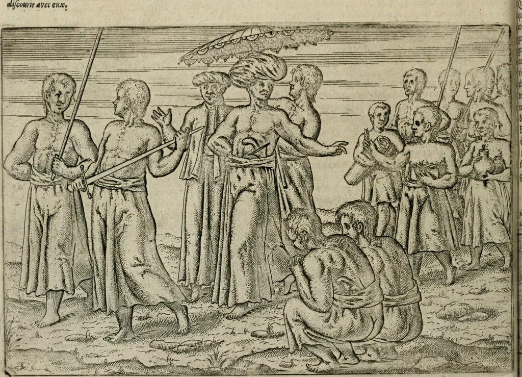 An illustration from Premier livre de l'histoire de la navigation aux Indes Orientales, par les hollandois, et des choses a eux advenues : ensemble les conditions, les meurs, & manieres de vivres des nations, par eux abordees : plus les monnoyes, espices, drogues, & marchandises, & le pris d'icelles : davantage les decouvremens & apparences, situations, & costes maritimes des contrees : avec le vray pourtrait au vif des habitans : le tout par plusieurs figures illustré : tres-recreatif a lire a tous navigans & amateurs des navigations lointaines, ez terres estrangeres, 1609, leaf 59