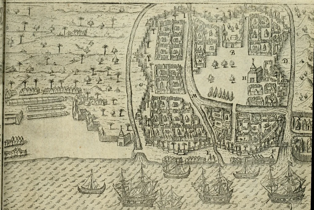 An illustration from Premier livre de l'histoire de la navigation aux Indes Orientales, par les hollandois, et des choses a eux advenues : ensemble les conditions, les meurs, & manieres de vivres des nations, par eux abordees : plus les monnoyes, espices, drogues, & marchandises, & le pris d'icelles : davantage les decouvremens & apparences, situations, & costes maritimes des contrees : avec le vray pourtrait au vif des habitans : le tout par plusieurs figures illustré : tres-recreatif a lire a tous navigans & amateurs des navigations lointaines, ez terres estrangeres, 1609, leaf 60