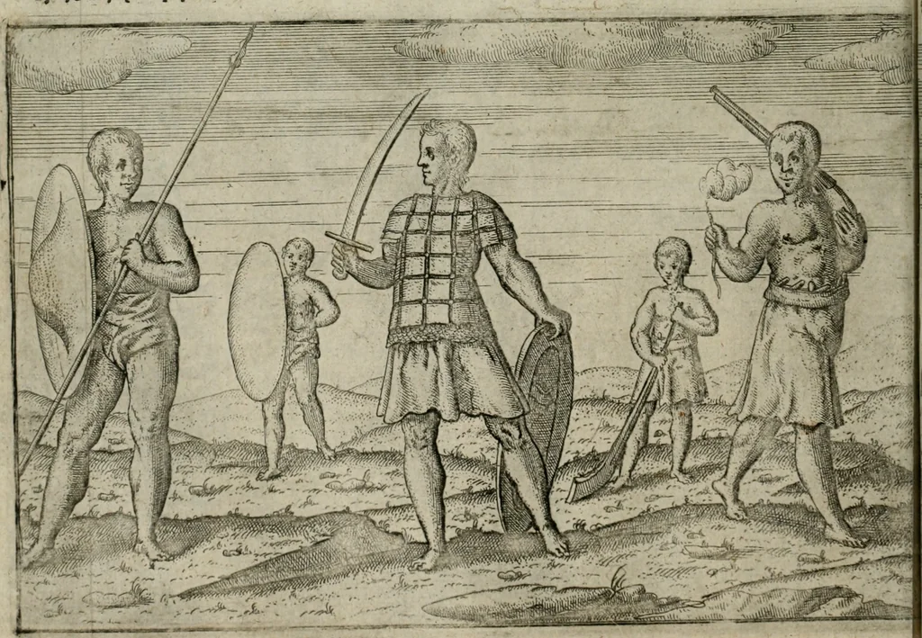 An illustration from Premier livre de l'histoire de la navigation aux Indes Orientales, par les hollandois, et des choses a eux advenues : ensemble les conditions, les meurs, & manieres de vivres des nations, par eux abordees : plus les monnoyes, espices, drogues, & marchandises, & le pris d'icelles : davantage les decouvremens & apparences, situations, & costes maritimes des contrees : avec le vray pourtrait au vif des habitans : le tout par plusieurs figures illustré : tres-recreatif a lire a tous navigans & amateurs des navigations lointaines, ez terres estrangeres, 1609, leaf 61