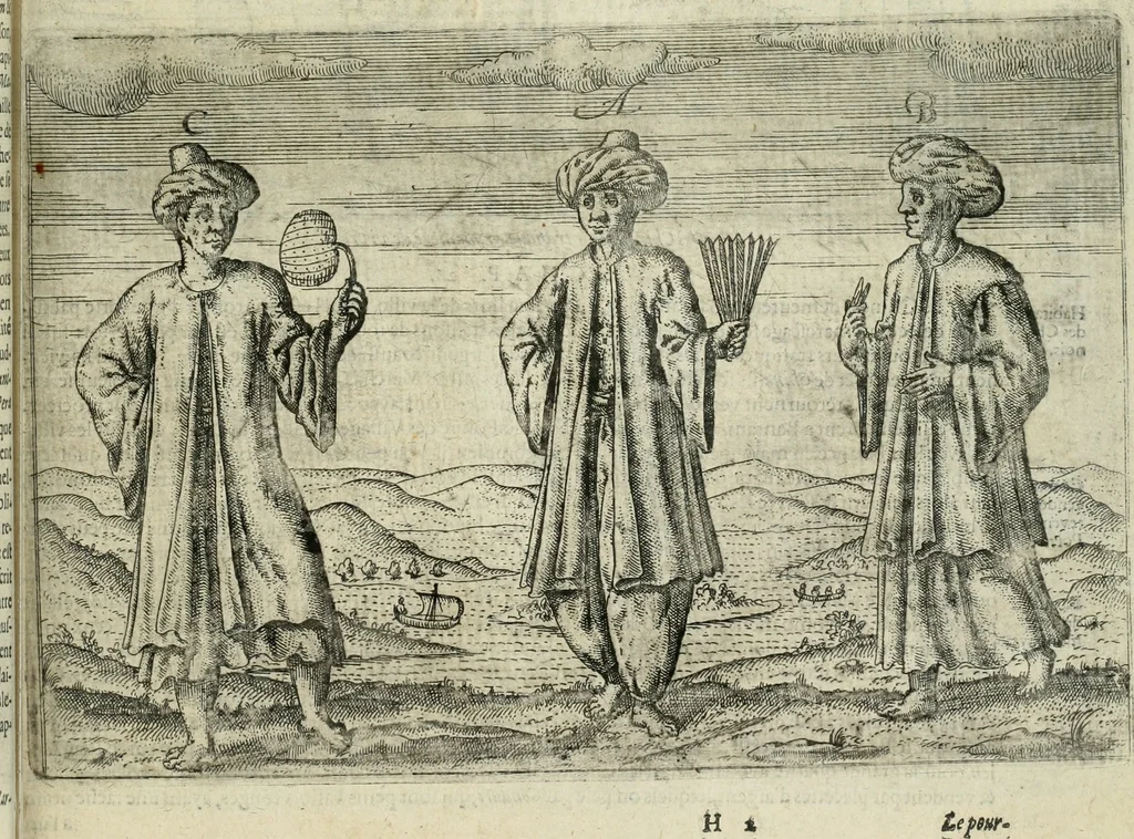 An illustration from Premier livre de l'histoire de la navigation aux Indes Orientales, par les hollandois, et des choses a eux advenues : ensemble les conditions, les meurs, & manieres de vivres des nations, par eux abordees : plus les monnoyes, espices, drogues, & marchandises, & le pris d'icelles : davantage les decouvremens & apparences, situations, & costes maritimes des contrees : avec le vray pourtrait au vif des habitans : le tout par plusieurs figures illustré : tres-recreatif a lire a tous navigans & amateurs des navigations lointaines, ez terres estrangeres, 1609, leaf 64