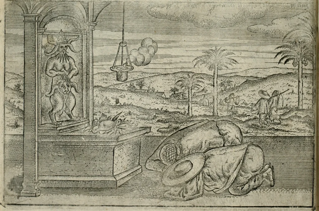 An illustration from Premier livre de l'histoire de la navigation aux Indes Orientales, par les hollandois, et des choses a eux advenues : ensemble les conditions, les meurs, & manieres de vivres des nations, par eux abordees : plus les monnoyes, espices, drogues, & marchandises, & le pris d'icelles : davantage les decouvremens & apparences, situations, & costes maritimes des contrees : avec le vray pourtrait au vif des habitans : le tout par plusieurs figures illustré : tres-recreatif a lire a tous navigans & amateurs des navigations lointaines, ez terres estrangeres, 1609, leaf 67