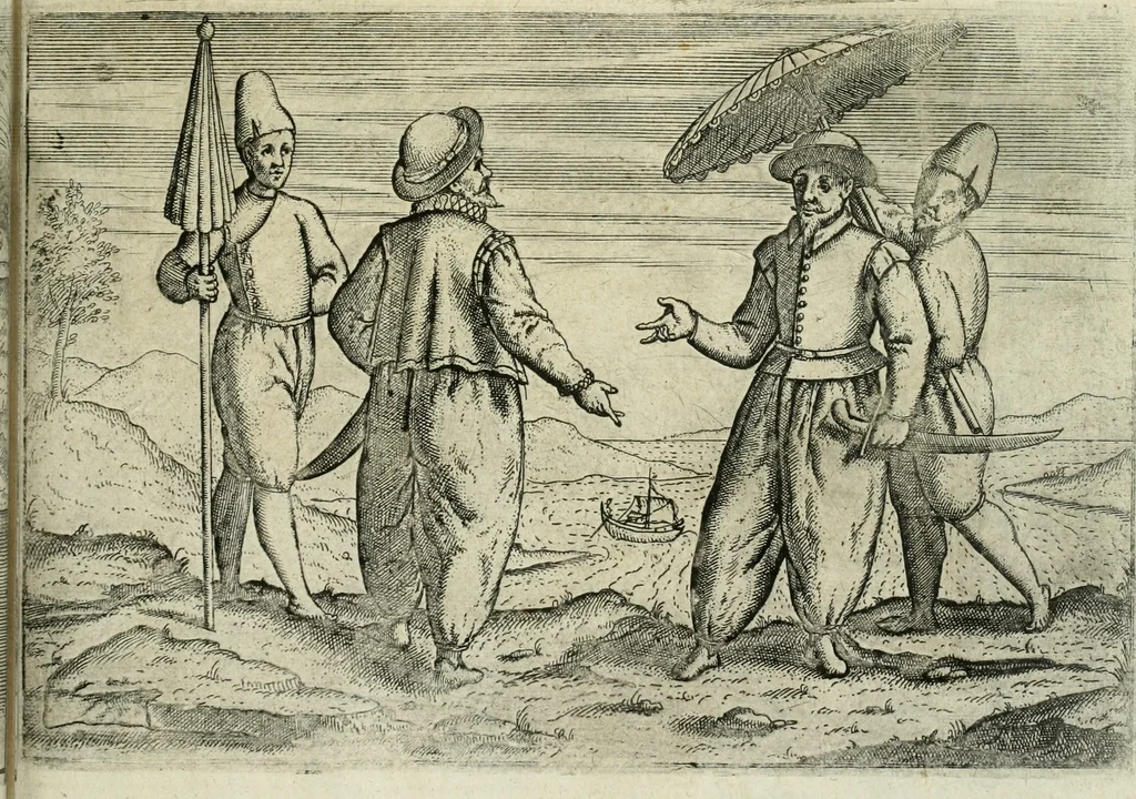 An illustration from Premier livre de l'histoire de la navigation aux Indes Orientales, par les hollandois, et des choses a eux advenues : ensemble les conditions, les meurs, & manieres de vivres des nations, par eux abordees : plus les monnoyes, espices, drogues, & marchandises, & le pris d'icelles : davantage les decouvremens & apparences, situations, & costes maritimes des contrees : avec le vray pourtrait au vif des habitans : le tout par plusieurs figures illustré : tres-recreatif a lire a tous navigans & amateurs des navigations lointaines, ez terres estrangeres, 1609, leaf 68