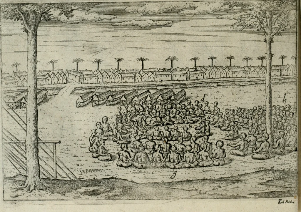 An illustration from Premier livre de l'histoire de la navigation aux Indes Orientales, par les hollandois, et des choses a eux advenues : ensemble les conditions, les meurs, & manieres de vivres des nations, par eux abordees : plus les monnoyes, espices, drogues, & marchandises, & le pris d'icelles : davantage les decouvremens & apparences, situations, & costes maritimes des contrees : avec le vray pourtrait au vif des habitans : le tout par plusieurs figures illustré : tres-recreatif a lire a tous navigans & amateurs des navigations lointaines, ez terres estrangeres, 1609, leaf 69