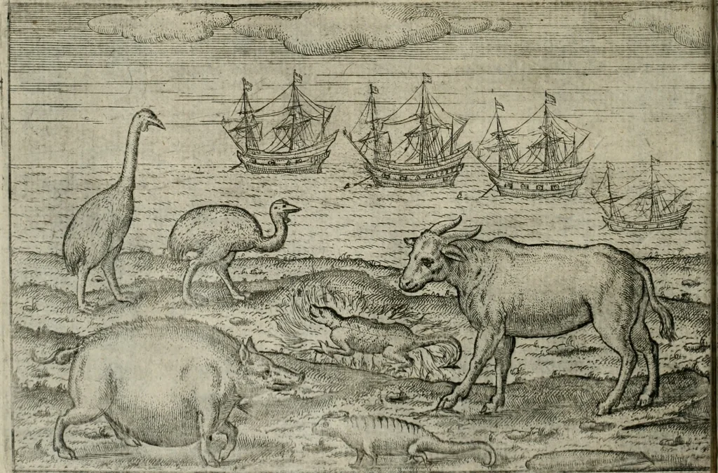 An illustration from Premier livre de l'histoire de la navigation aux Indes Orientales, par les hollandois, et des choses a eux advenues : ensemble les conditions, les meurs, & manieres de vivres des nations, par eux abordees : plus les monnoyes, espices, drogues, & marchandises, & le pris d'icelles : davantage les decouvremens & apparences, situations, & costes maritimes des contrees : avec le vray pourtrait au vif des habitans : le tout par plusieurs figures illustré : tres-recreatif a lire a tous navigans & amateurs des navigations lointaines, ez terres estrangeres, 1609, leaf 71