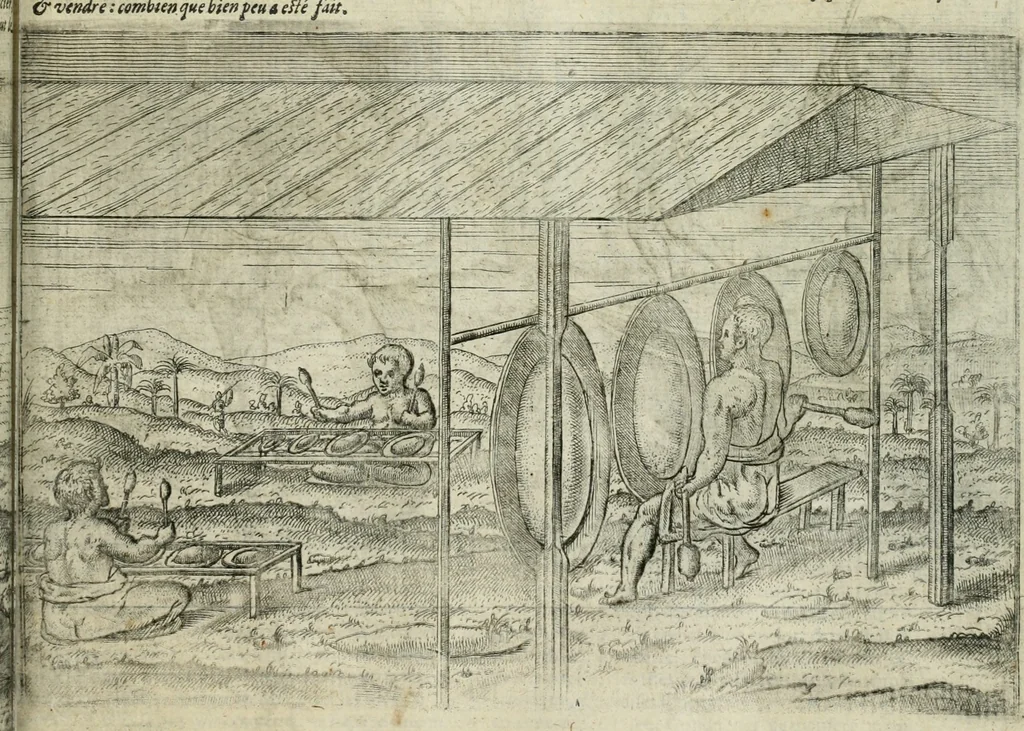 An illustration from Premier livre de l'histoire de la navigation aux Indes Orientales, par les hollandois, et des choses a eux advenues : ensemble les conditions, les meurs, & manieres de vivres des nations, par eux abordees : plus les monnoyes, espices, drogues, & marchandises, & le pris d'icelles : davantage les decouvremens & apparences, situations, & costes maritimes des contrees : avec le vray pourtrait au vif des habitans : le tout par plusieurs figures illustré : tres-recreatif a lire a tous navigans & amateurs des navigations lointaines, ez terres estrangeres, 1609, leaf 72