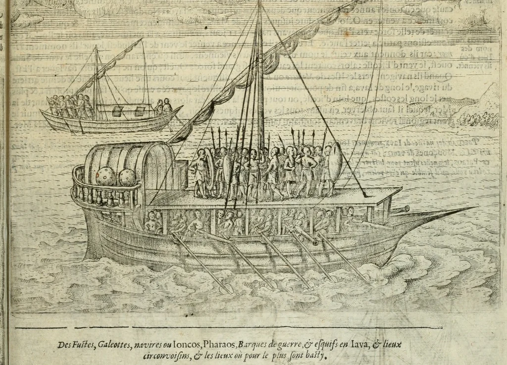 An illustration from Premier livre de l'histoire de la navigation aux Indes Orientales, par les hollandois, et des choses a eux advenues : ensemble les conditions, les meurs, & manieres de vivres des nations, par eux abordees : plus les monnoyes, espices, drogues, & marchandises, & le pris d'icelles : davantage les decouvremens & apparences, situations, & costes maritimes des contrees : avec le vray pourtrait au vif des habitans : le tout par plusieurs figures illustré : tres-recreatif a lire a tous navigans & amateurs des navigations lointaines, ez terres estrangeres, 1609, leaf 74