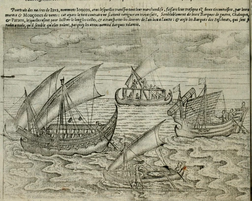 An illustration from Premier livre de l'histoire de la navigation aux Indes Orientales, par les hollandois, et des choses a eux advenues : ensemble les conditions, les meurs, & manieres de vivres des nations, par eux abordees : plus les monnoyes, espices, drogues, & marchandises, & le pris d'icelles : davantage les decouvremens & apparences, situations, & costes maritimes des contrees : avec le vray pourtrait au vif des habitans : le tout par plusieurs figures illustré : tres-recreatif a lire a tous navigans & amateurs des navigations lointaines, ez terres estrangeres, 1609, leaf 75