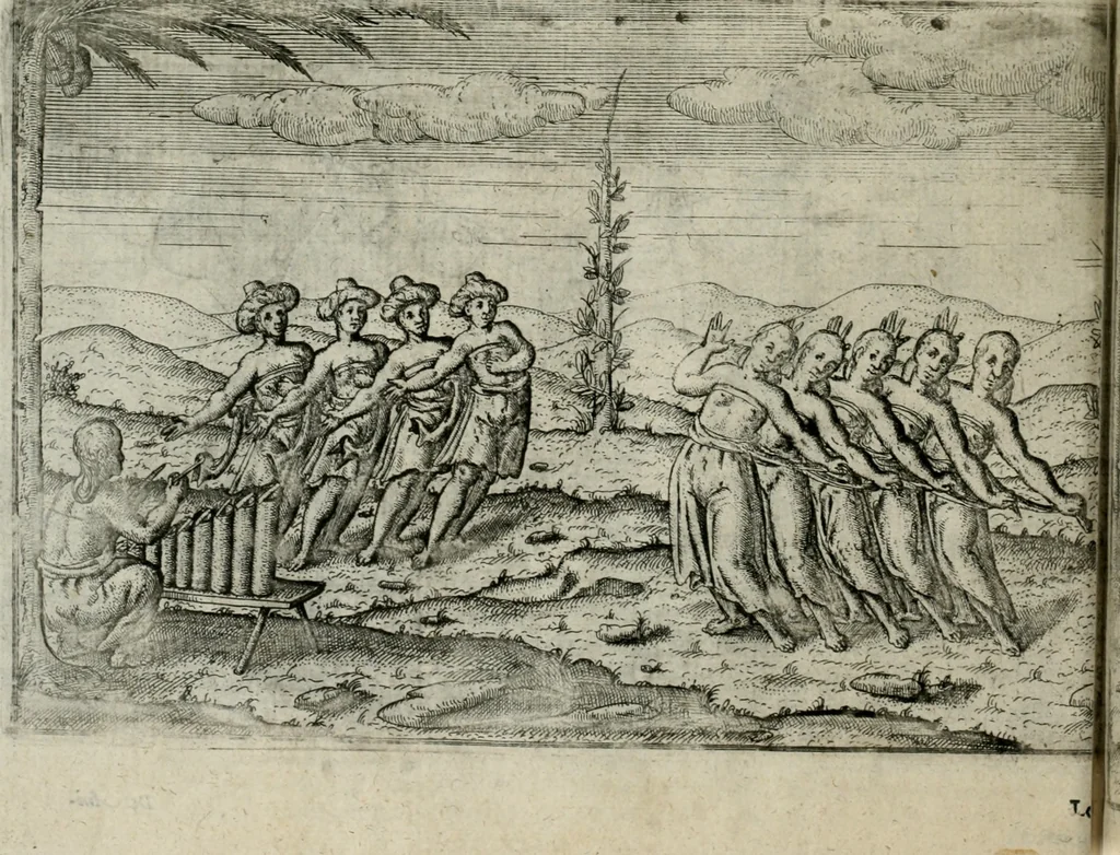 An illustration from Premier livre de l'histoire de la navigation aux Indes Orientales, par les hollandois, et des choses a eux advenues : ensemble les conditions, les meurs, & manieres de vivres des nations, par eux abordees : plus les monnoyes, espices, drogues, & marchandises, & le pris d'icelles : davantage les decouvremens & apparences, situations, & costes maritimes des contrees : avec le vray pourtrait au vif des habitans : le tout par plusieurs figures illustré : tres-recreatif a lire a tous navigans & amateurs des navigations lointaines, ez terres estrangeres, 1609, leaf 77