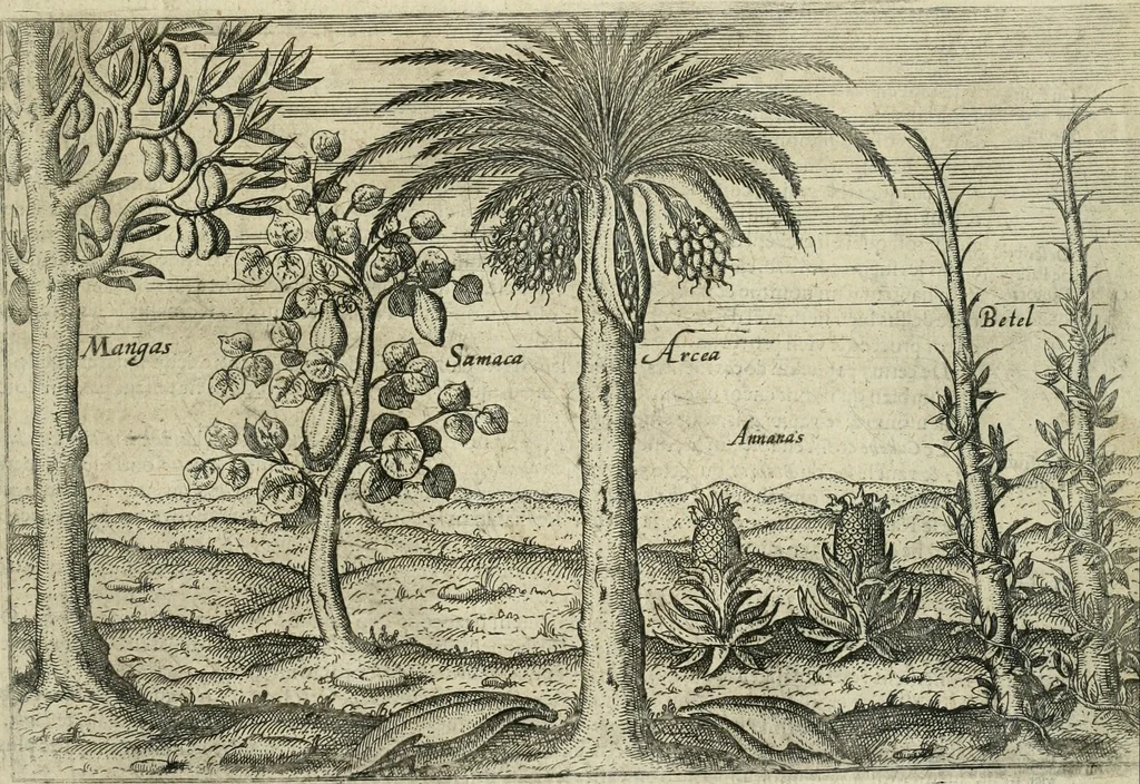 An illustration from Premier livre de l'histoire de la navigation aux Indes Orientales, par les hollandois, et des choses a eux advenues : ensemble les conditions, les meurs, & manieres de vivres des nations, par eux abordees : plus les monnoyes, espices, drogues, & marchandises, & le pris d'icelles : davantage les decouvremens & apparences, situations, & costes maritimes des contrees : avec le vray pourtrait au vif des habitans : le tout par plusieurs figures illustré : tres-recreatif a lire a tous navigans & amateurs des navigations lointaines, ez terres estrangeres, 1609, leaf 80