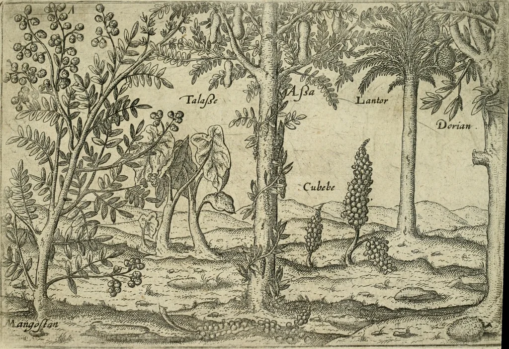 An illustration from Premier livre de l'histoire de la navigation aux Indes Orientales, par les hollandois, et des choses a eux advenues : ensemble les conditions, les meurs, & manieres de vivres des nations, par eux abordees : plus les monnoyes, espices, drogues, & marchandises, & le pris d'icelles : davantage les decouvremens & apparences, situations, & costes maritimes des contrees : avec le vray pourtrait au vif des habitans : le tout par plusieurs figures illustré : tres-recreatif a lire a tous navigans & amateurs des navigations lointaines, ez terres estrangeres, 1609, leaf 82