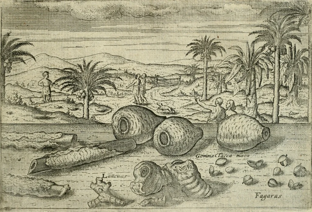 An illustration from Premier livre de l'histoire de la navigation aux Indes Orientales, par les hollandois, et des choses a eux advenues : ensemble les conditions, les meurs, & manieres de vivres des nations, par eux abordees : plus les monnoyes, espices, drogues, & marchandises, & le pris d'icelles : davantage les decouvremens & apparences, situations, & costes maritimes des contrees : avec le vray pourtrait au vif des habitans : le tout par plusieurs figures illustré : tres-recreatif a lire a tous navigans & amateurs des navigations lointaines, ez terres estrangeres, 1609, leaf 86