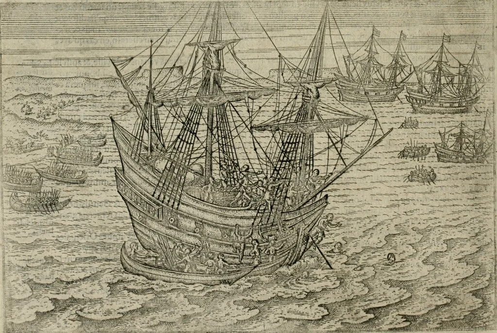 An illustration from Premier livre de l'histoire de la navigation aux Indes Orientales, par les hollandois, et des choses a eux advenues : ensemble les conditions, les meurs, & manieres de vivres des nations, par eux abordees : plus les monnoyes, espices, drogues, & marchandises, & le pris d'icelles : davantage les decouvremens & apparences, situations, & costes maritimes des contrees : avec le vray pourtrait au vif des habitans : le tout par plusieurs figures illustré : tres-recreatif a lire a tous navigans & amateurs des navigations lointaines, ez terres estrangeres, 1609, leaf 91